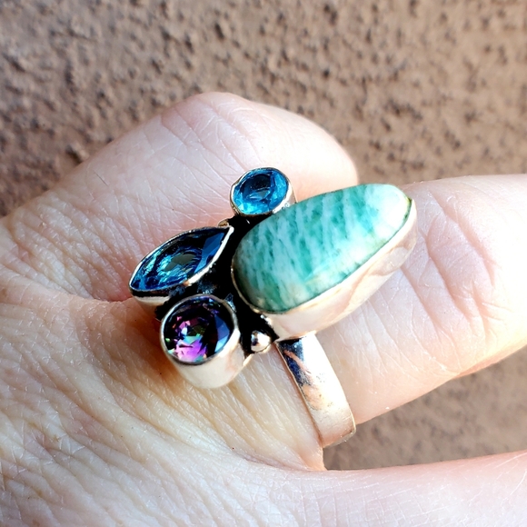 New Amazonite, Blue Quartz, Mystic Topaz 925 Silver Ring. - Picture 6 of 14